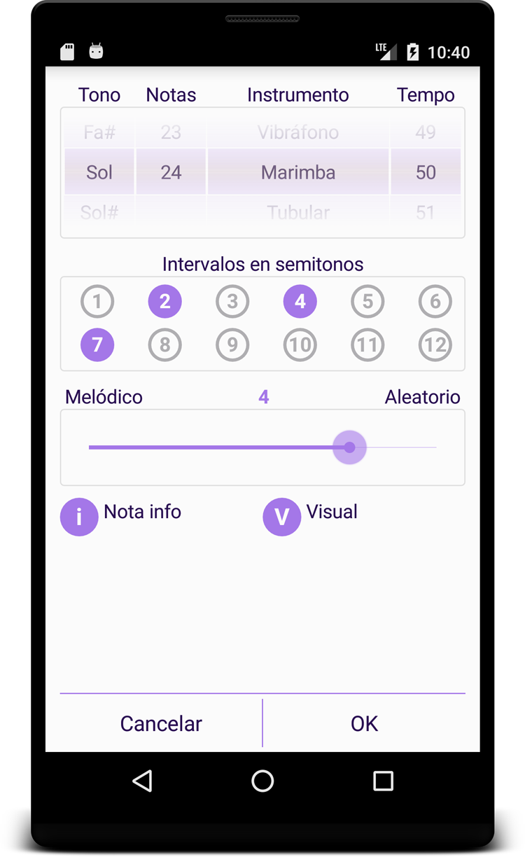 Pantalla de ajustes de Dictado Musical Pantalla ajustes Dictado Musical