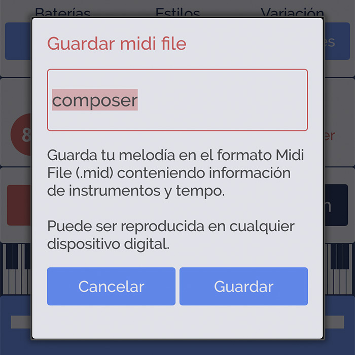 Icono de Guardar midi file en Compositor