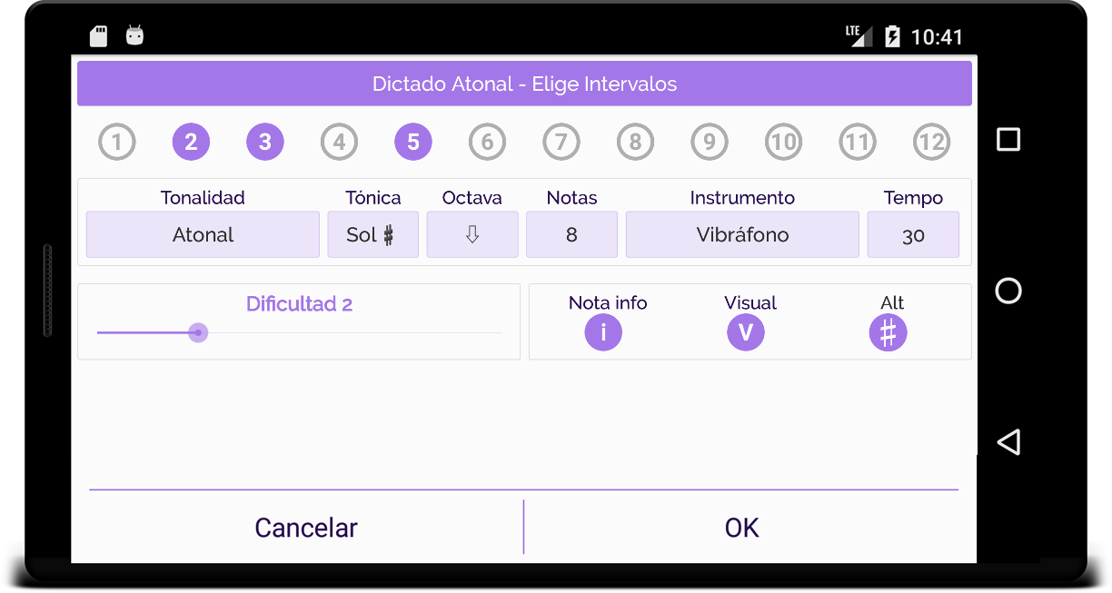 Dictado Musical - Entrenamiento del oído con notación musical - Pantalla de Ajustes