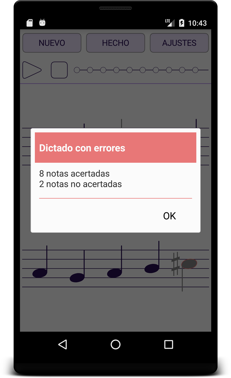 Dictado Musical - Entrenamiento del oído con notación musical - Pantalla Resultado