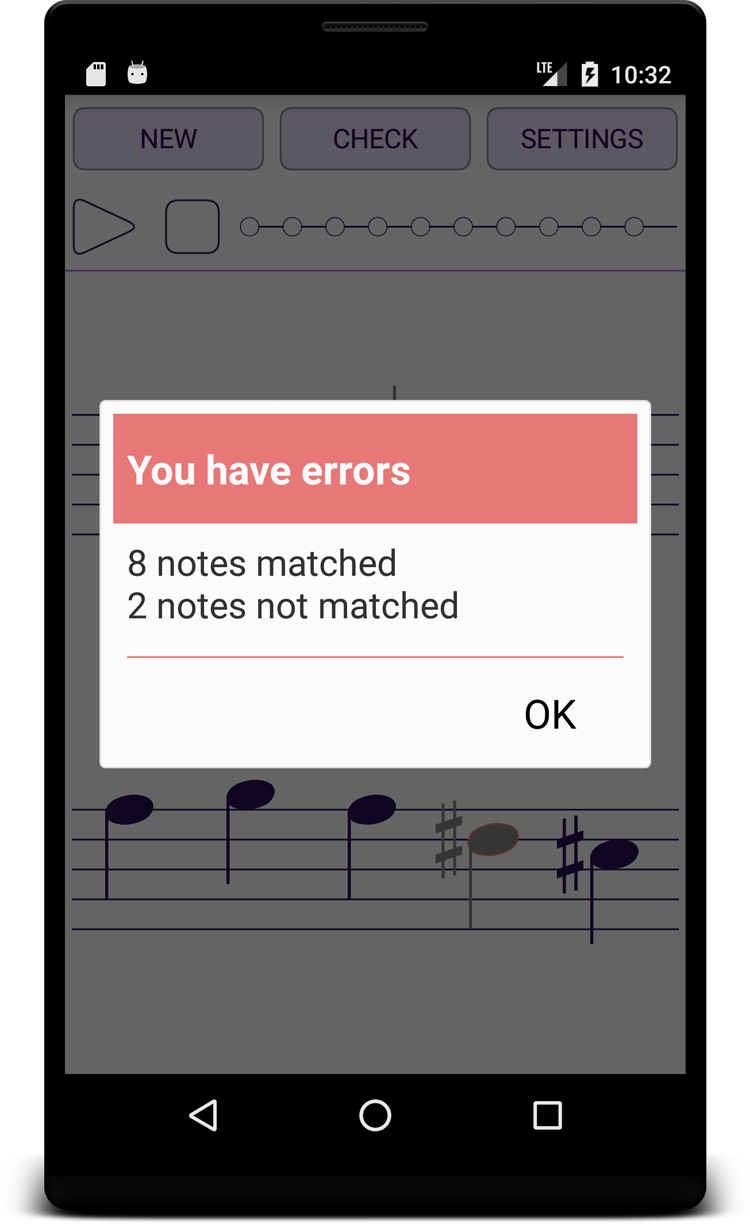 Musical Dictation - Ear training with musical notation - Result screen