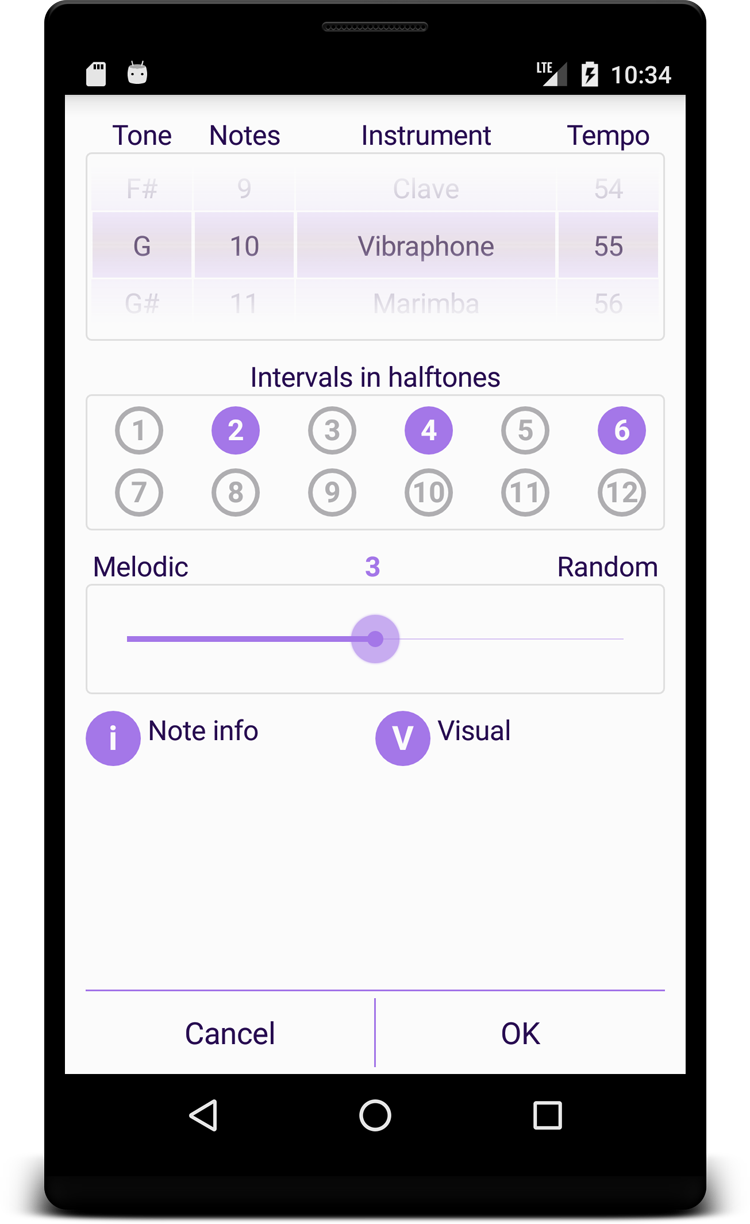 Musical Dictation settings screen Musical Dictation settings screen