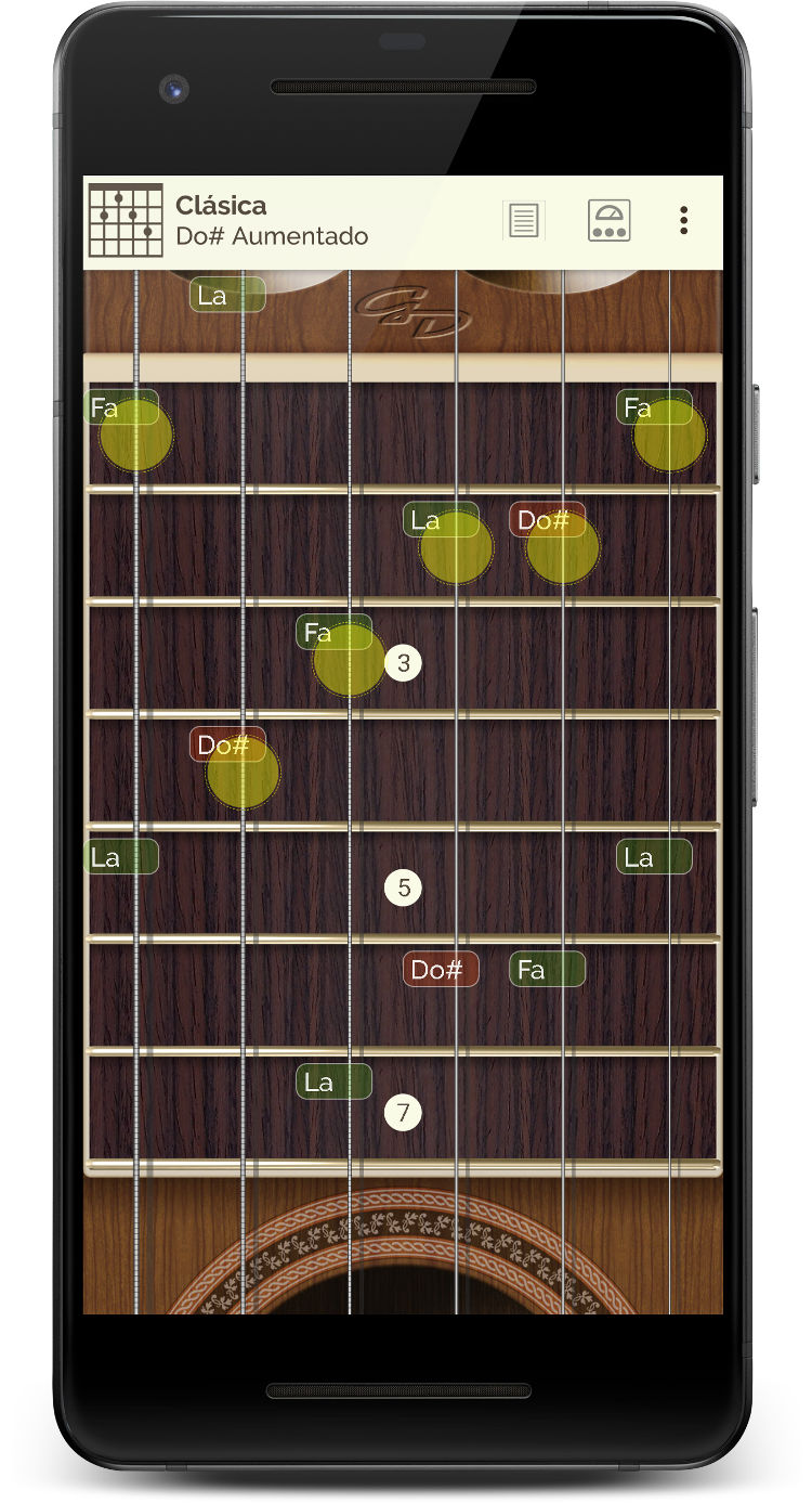 Guitar Droid - Guitarra multitáctil configurable para Android - Mástil con ocho trastes en modo Dos Manos