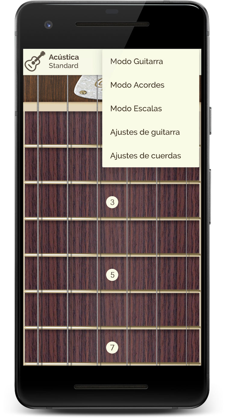 Guitar Droid - Guitarra multitáctil configurable para Android - Mástil con 8 trastes y menú superior
