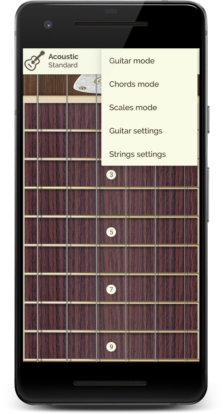 Guitar Droid - Multitouch configurable guitar for Android - Fingerboard with 10 frets and top menu