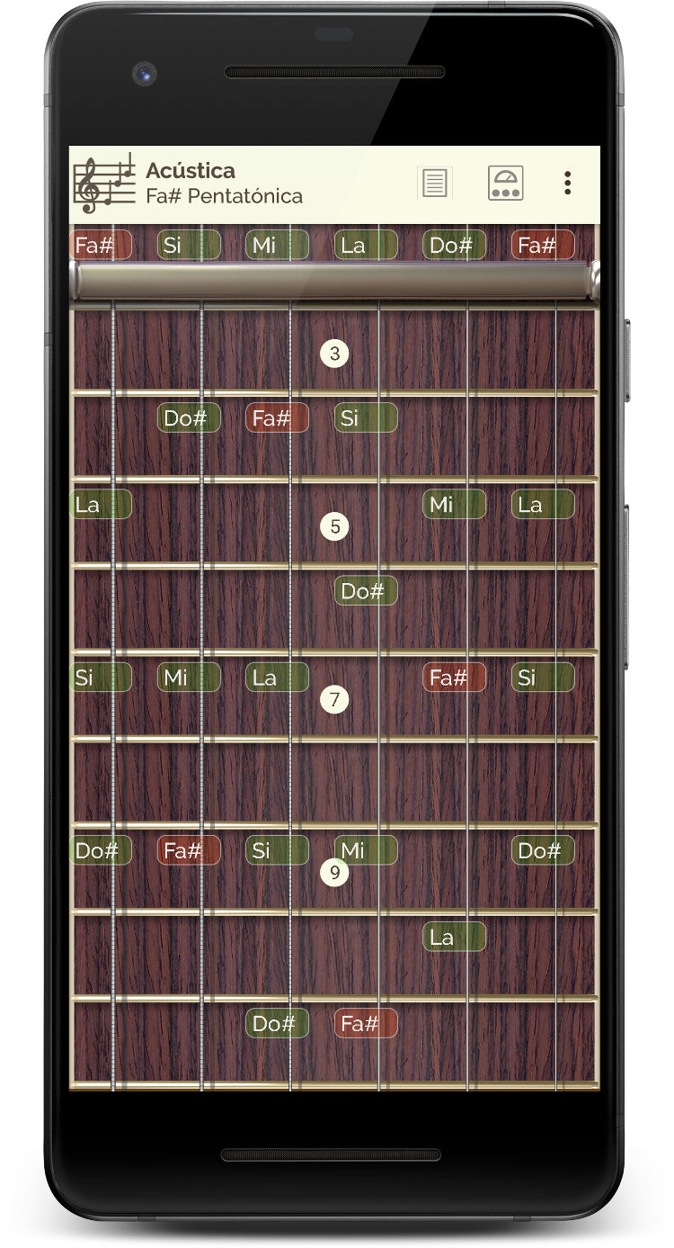 Guitar Droid - Guitarra multitáctil configurable para Android - Mástil con 10 trastes en modo escalas con cejilla