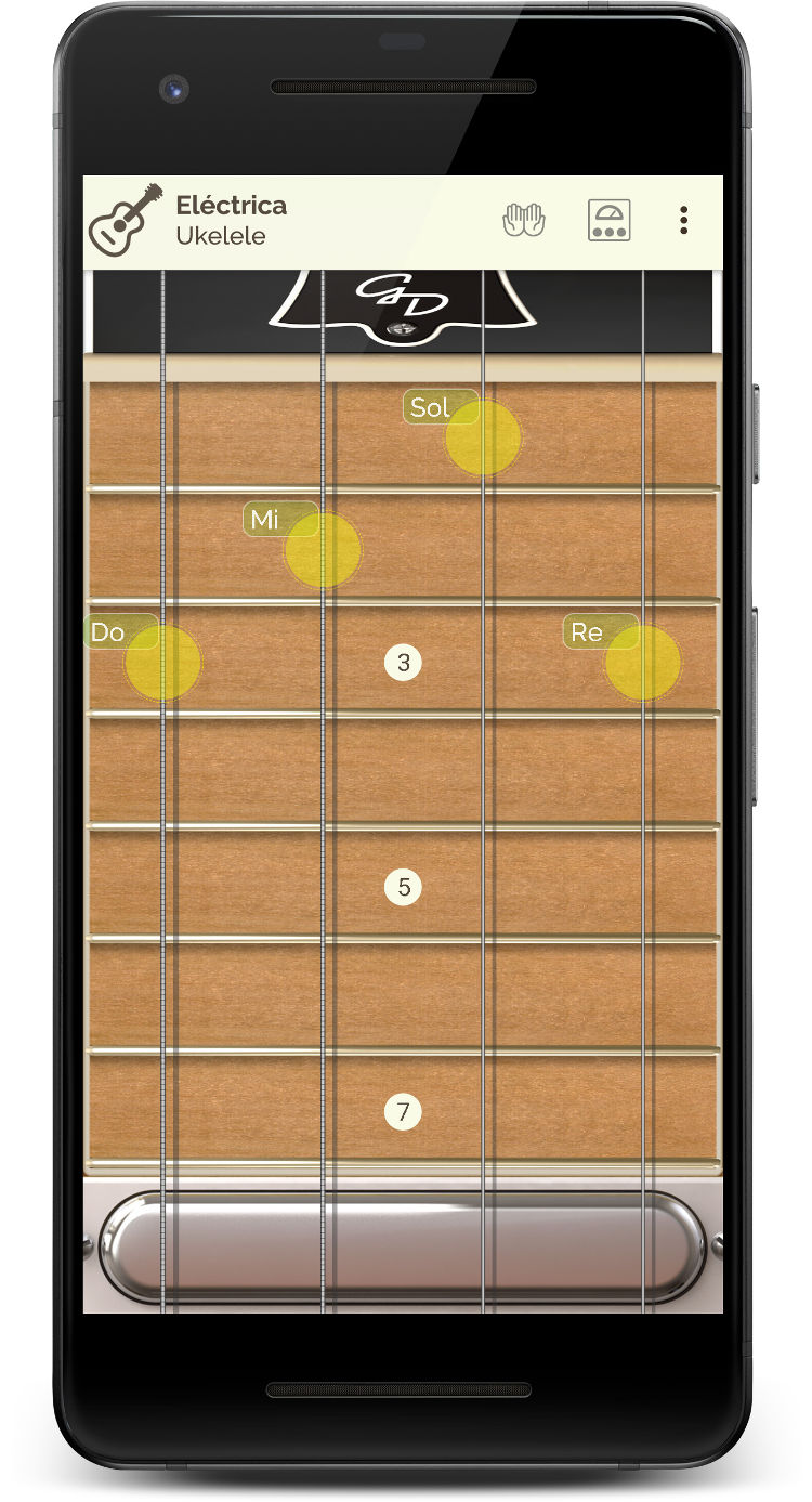 Guitar Droid - Guitarra multitáctil configurable para Android - Mástil con 8 trastes en modo rasgueo