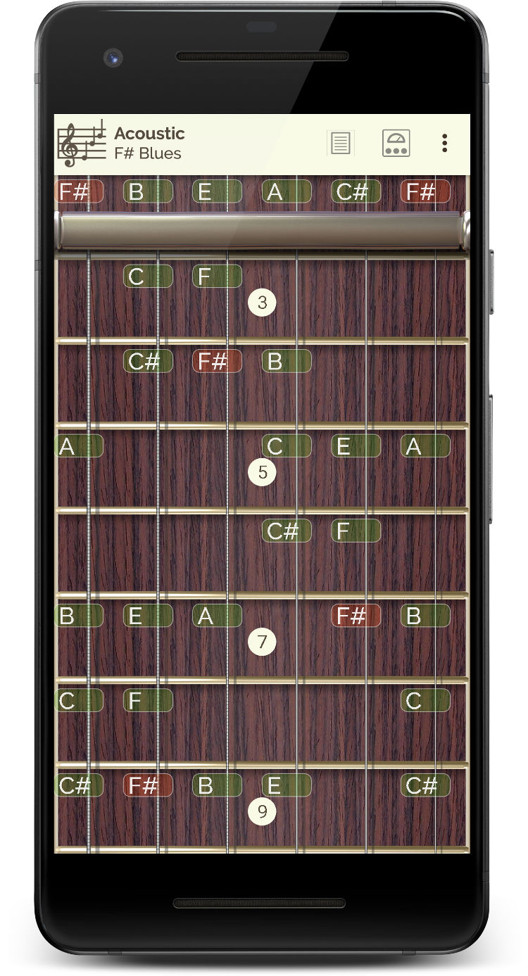 Guitar Droid scales - Multitouch configurable guitar for Android - Fingerboard in scales mode with 8 frets and capo